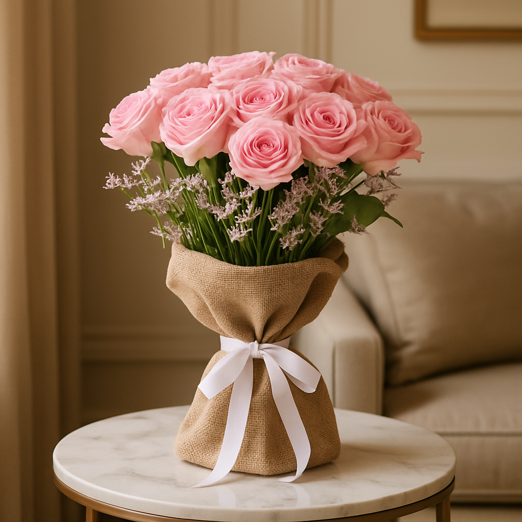 Pink Roses Burlap Wrapped Bouquet – Romantic Roses