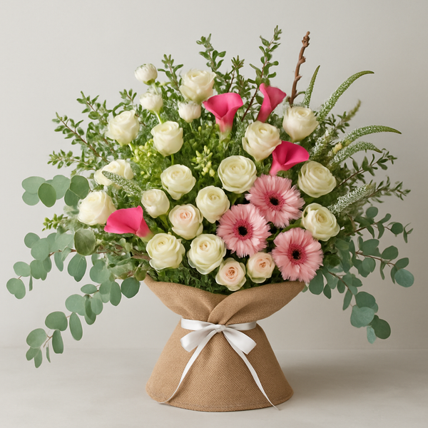 Pink and White Burlap Wrapped Bouquet