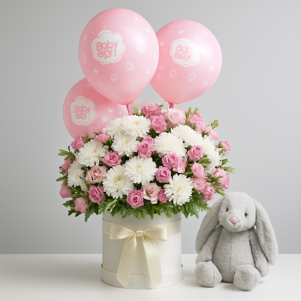 Pink N White Bunny Combo – Soft Roses And Chrysanthemums Gift Set #Size_Deluxe