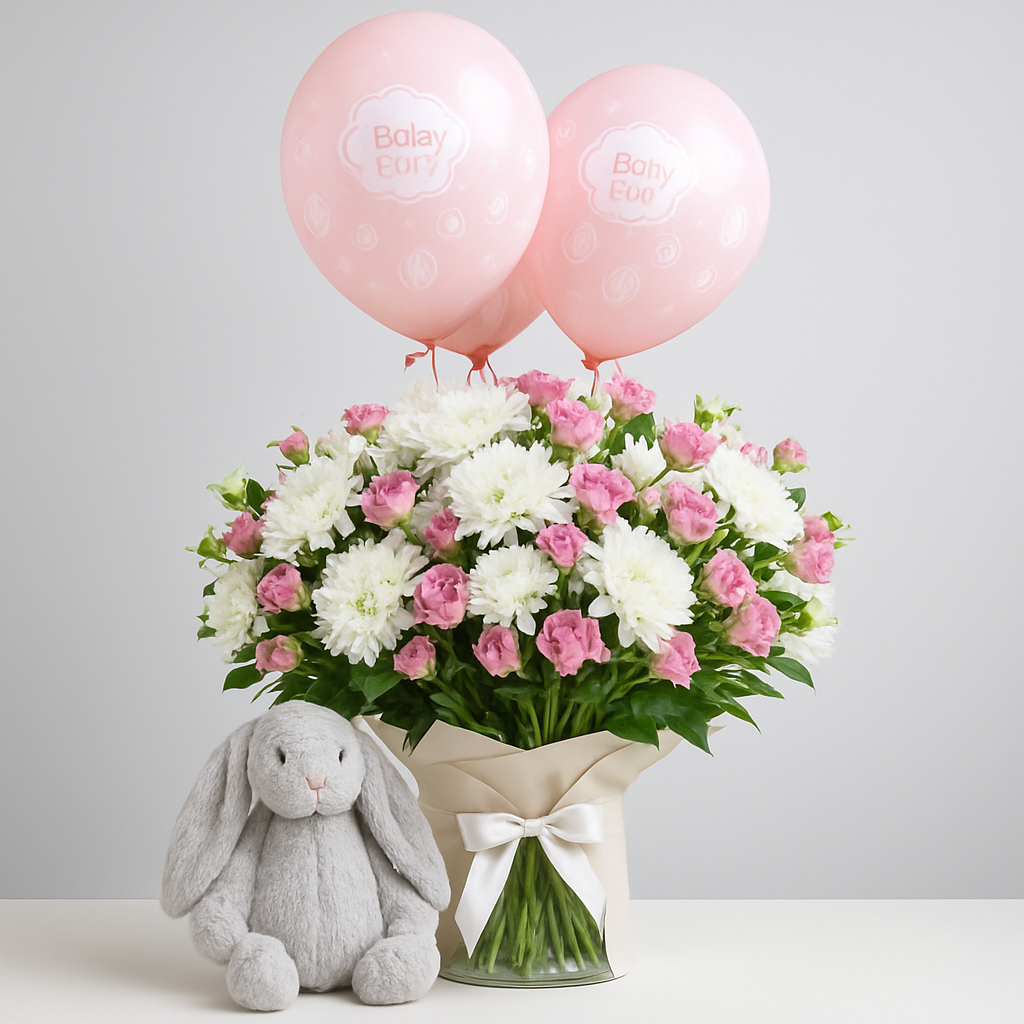 Pink N White Bunny Combo – Soft Roses And Chrysanthemums Gift Set #Size_Grand