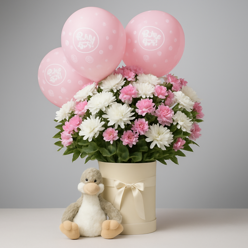 Pink N White Duck Combo – Soft Roses And Chrysanthemums Gift Set #Size_Deluxe