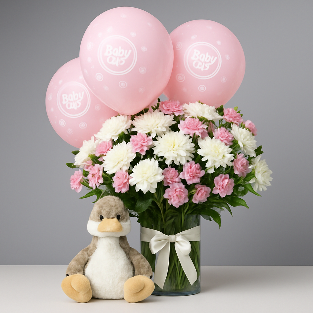 Pink N White Duck Combo – Soft Roses And Chrysanthemums Gift Set #Size_Grand