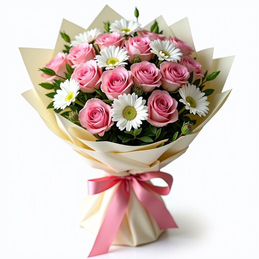 Pink N White Bouquet – Pink Roses And White Alstroemeria #Size_Deluxe
