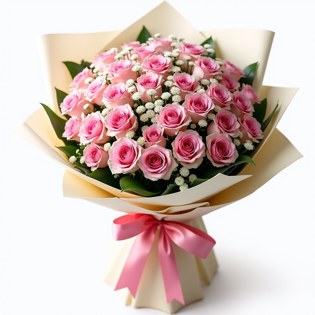 Pink N White Bouquet – Pink Roses And White Alstroemeria #Size_Grand