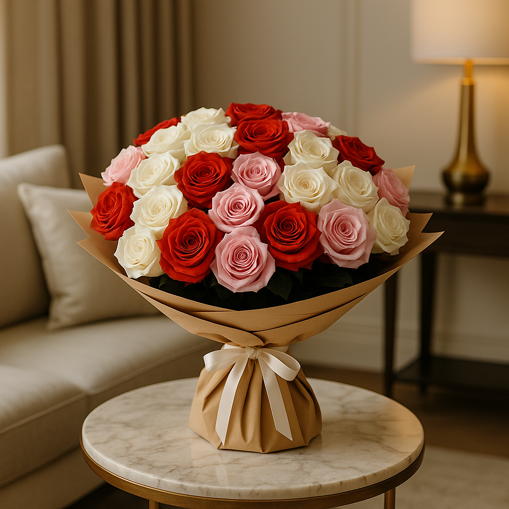 Pink, Red and White Roses Bouquet