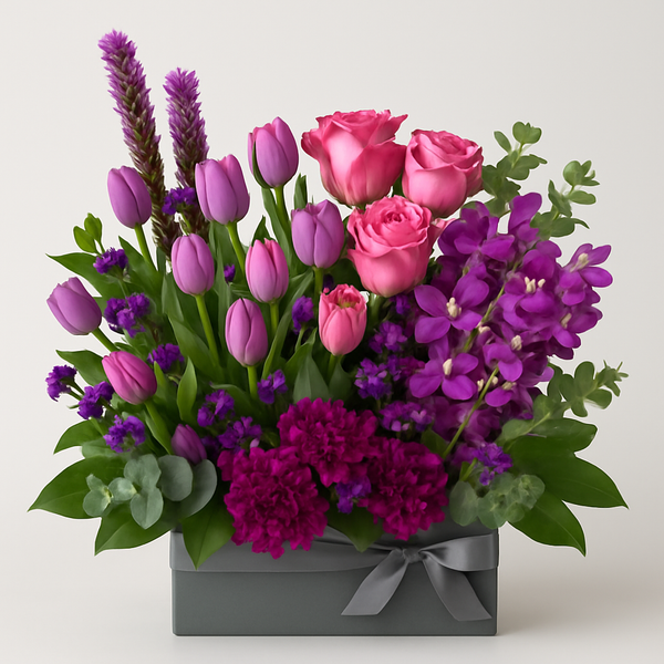 Purple Passion – Birthday Roses And Tulips Vase Arrangement