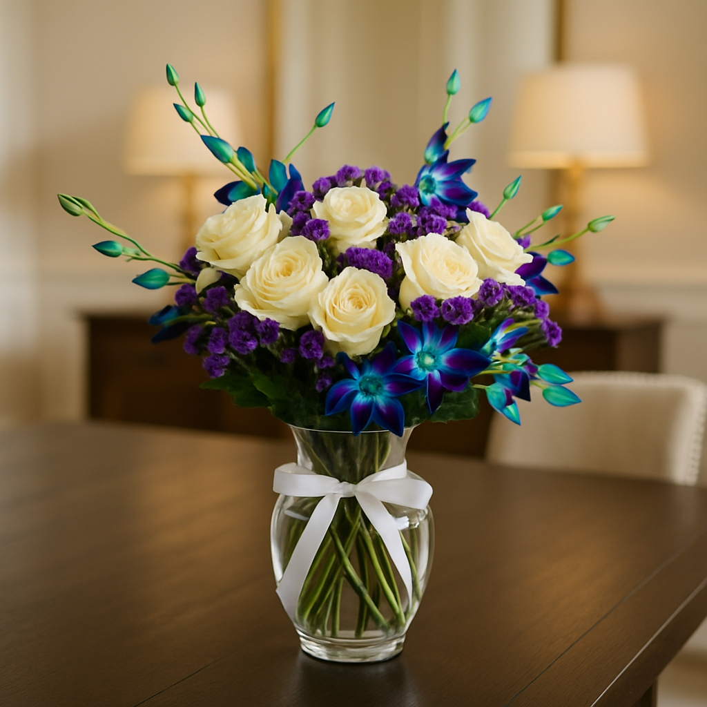 Rare Beauty – Birthday Roses And Orchids Vase Arrangement