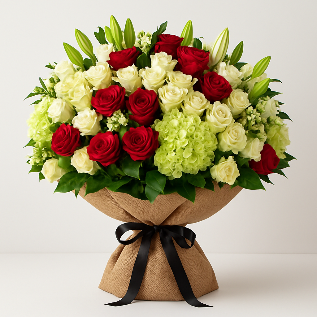 Red and Green Burlap Wrapped Bouquet #Size_Deluxe