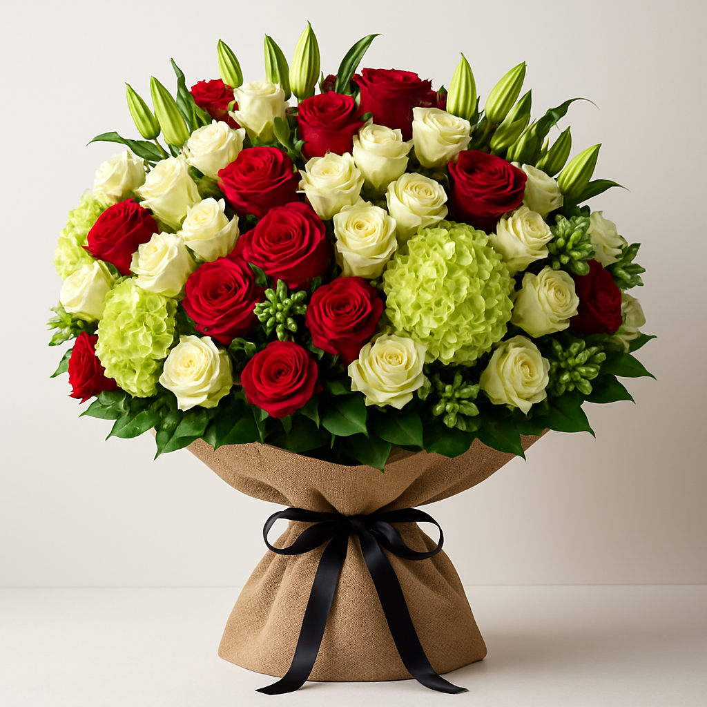 Red and Green Burlap Wrapped Bouquet #Size_Grand