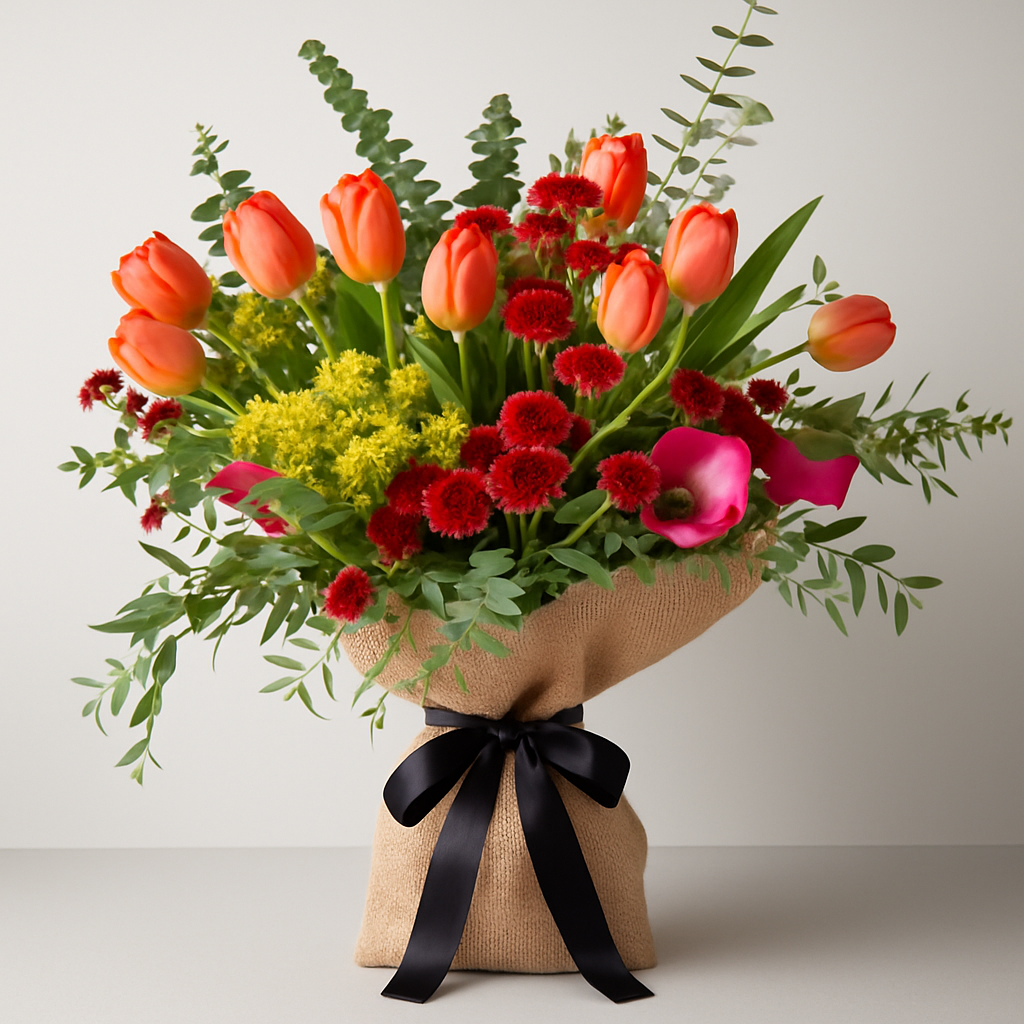 Red and Orange Burlap Wrapped Bouquet #Size_Classic