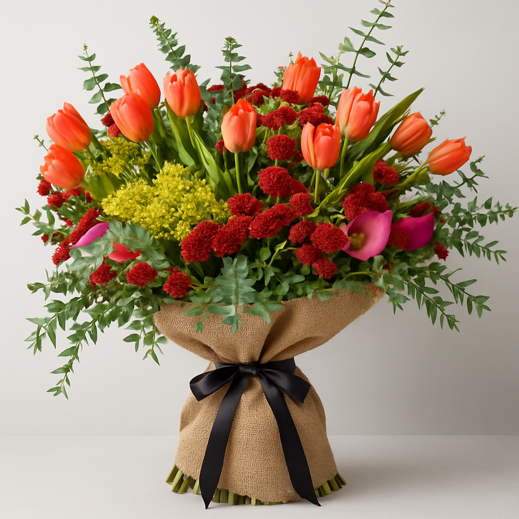Red and Orange Burlap Wrapped Bouquet #Size_Deluxe
