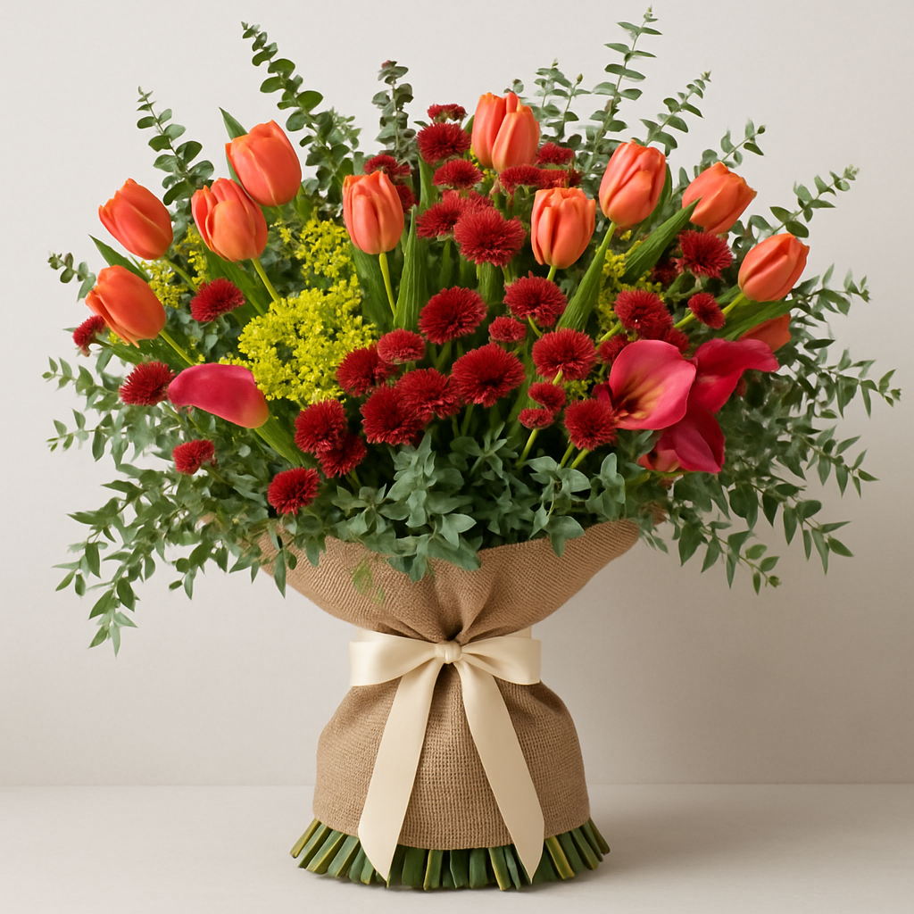Red and Orange Burlap Wrapped Bouquet #Size_Grand
