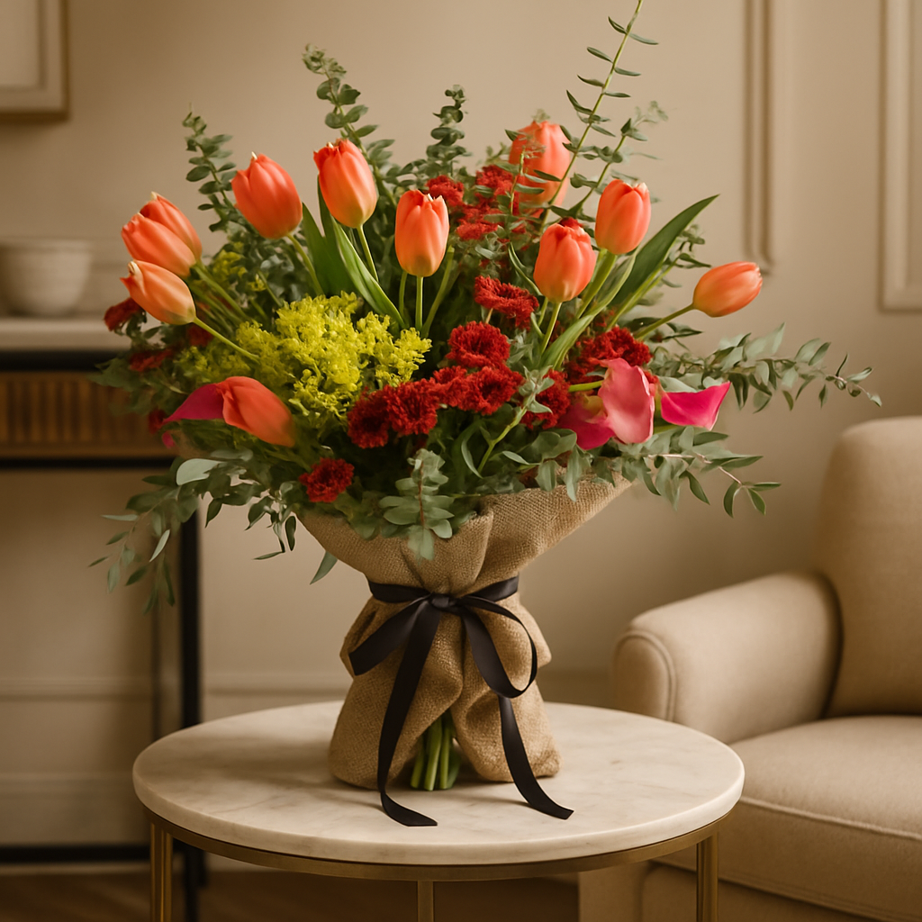 Red and Orange Burlap Wrapped Bouquet