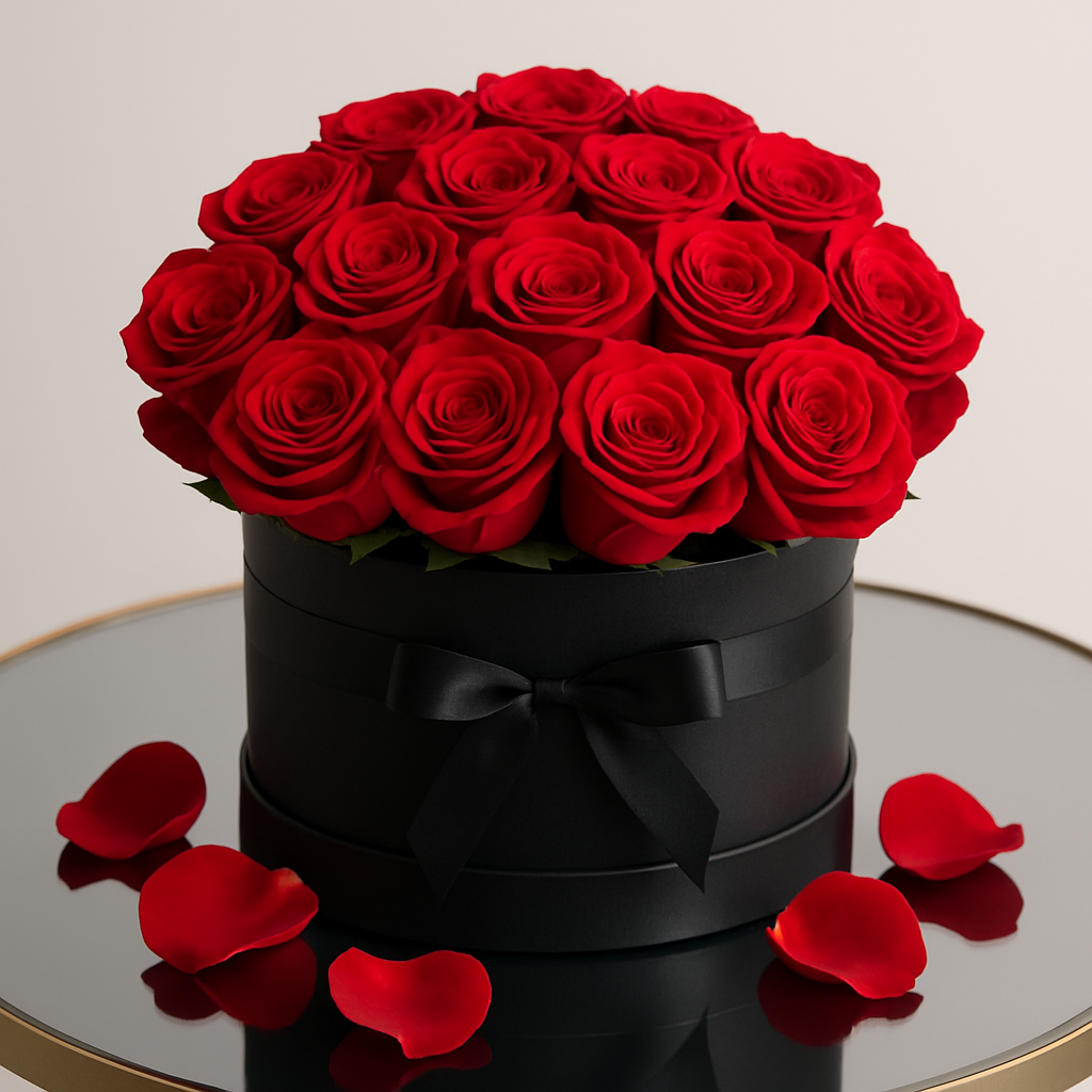 Red roses arrangement in a medium luxury round box #Size_Classic
