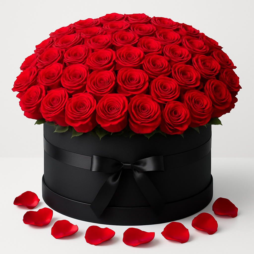 Red roses arrangement in a medium luxury round box #Size_Grand