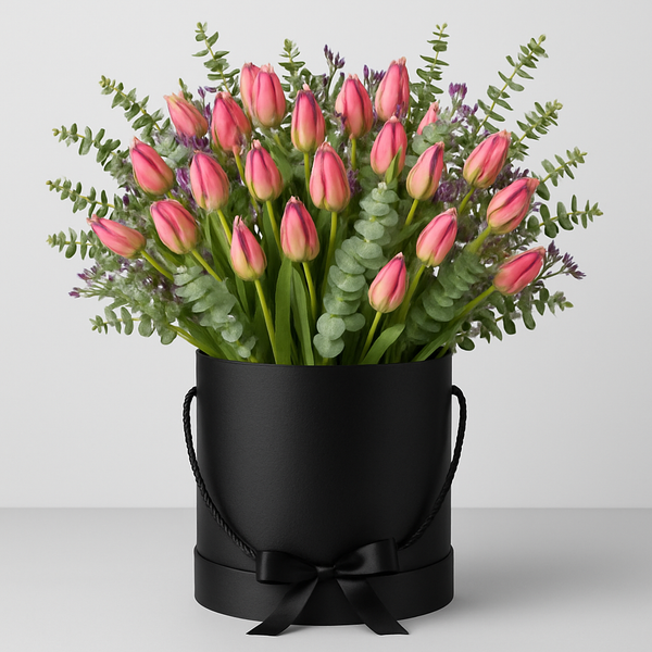 Red tulips and Greenery Arrangement – Birthday Tulips
