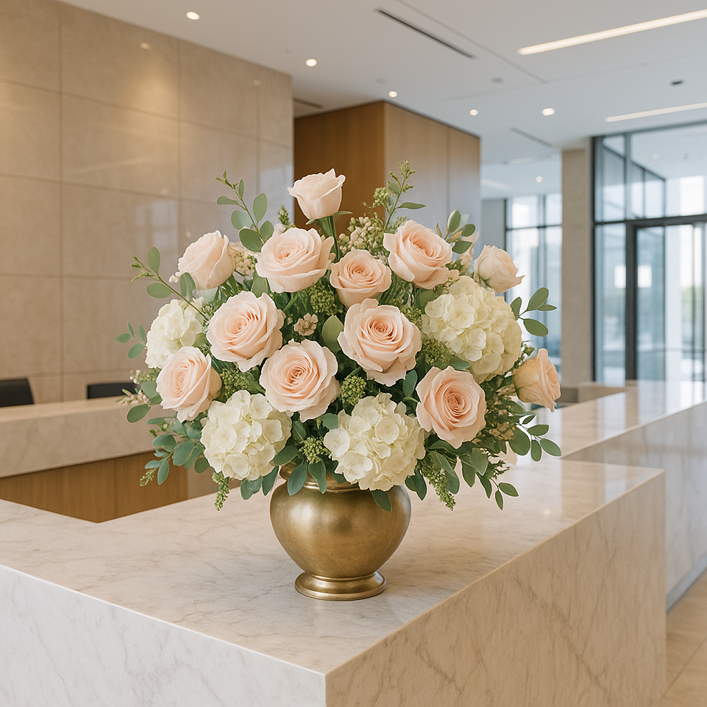 Signature weekly flower subscription arrangement on a reception desk in a luxury office lobby