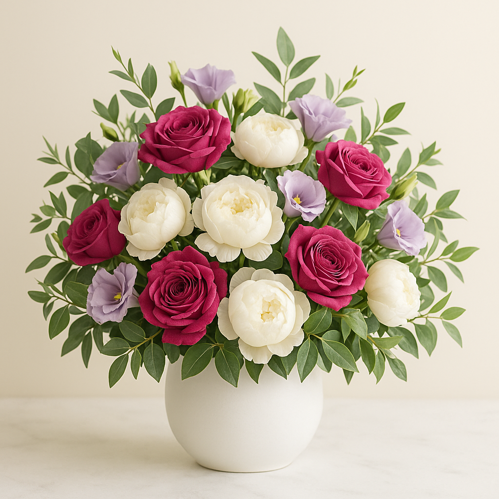 Signature Flower Subscription — generous arrangement of pink roses, white peonies and lilac lisianthus in a matte ceramic vase