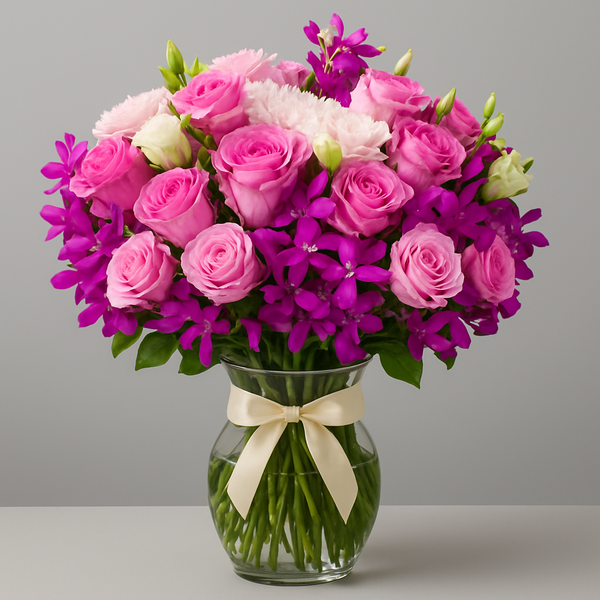 Sophisticated Style – Birthday Roses And Orchids Vase Arrangement