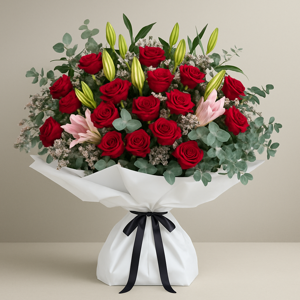 Stems From Heaven – Birthday Roses And Lilies Bouquet #Size_Grand