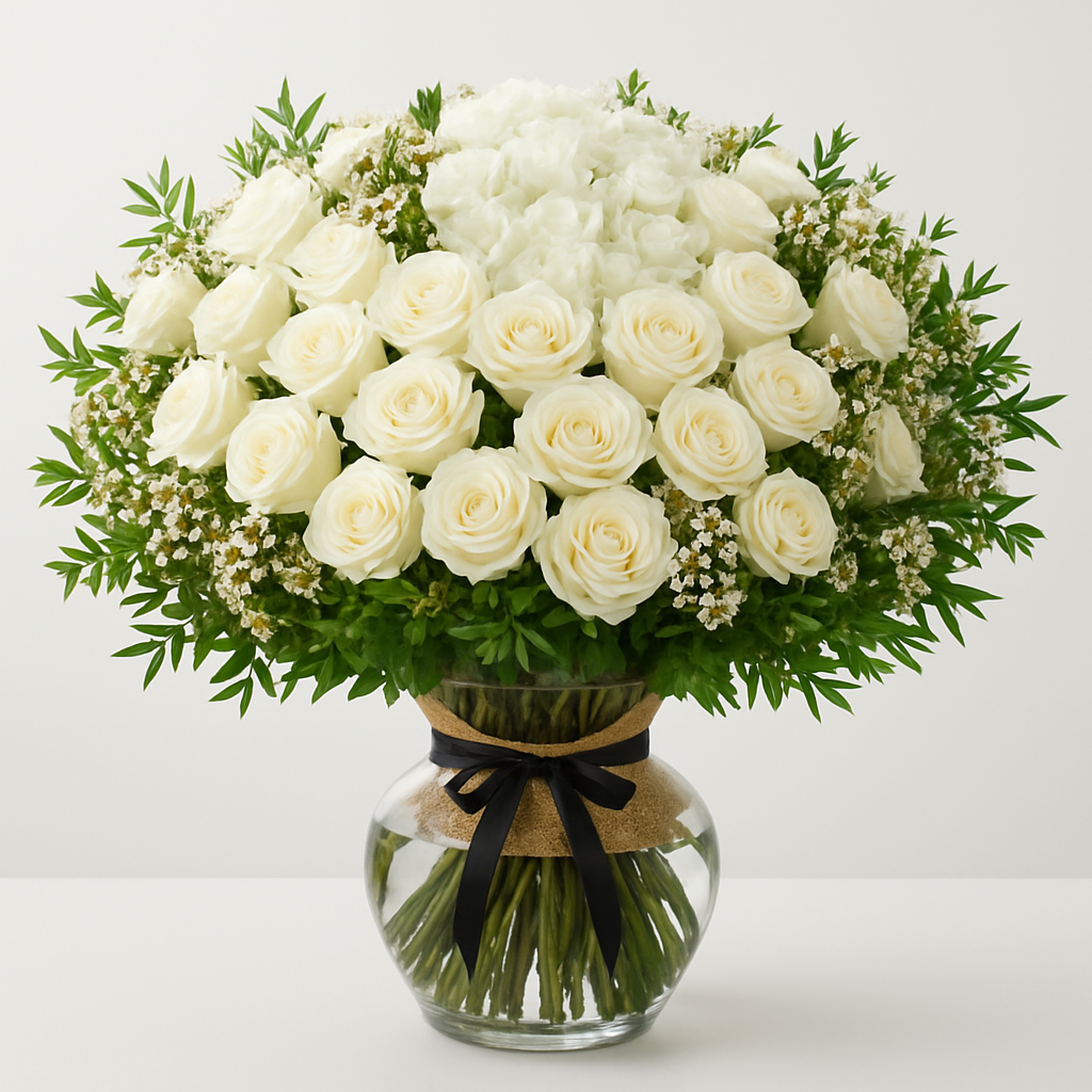 Sweetness And Light – Birthday Roses And Hydrangea Vase Arrangement #Size_Grand