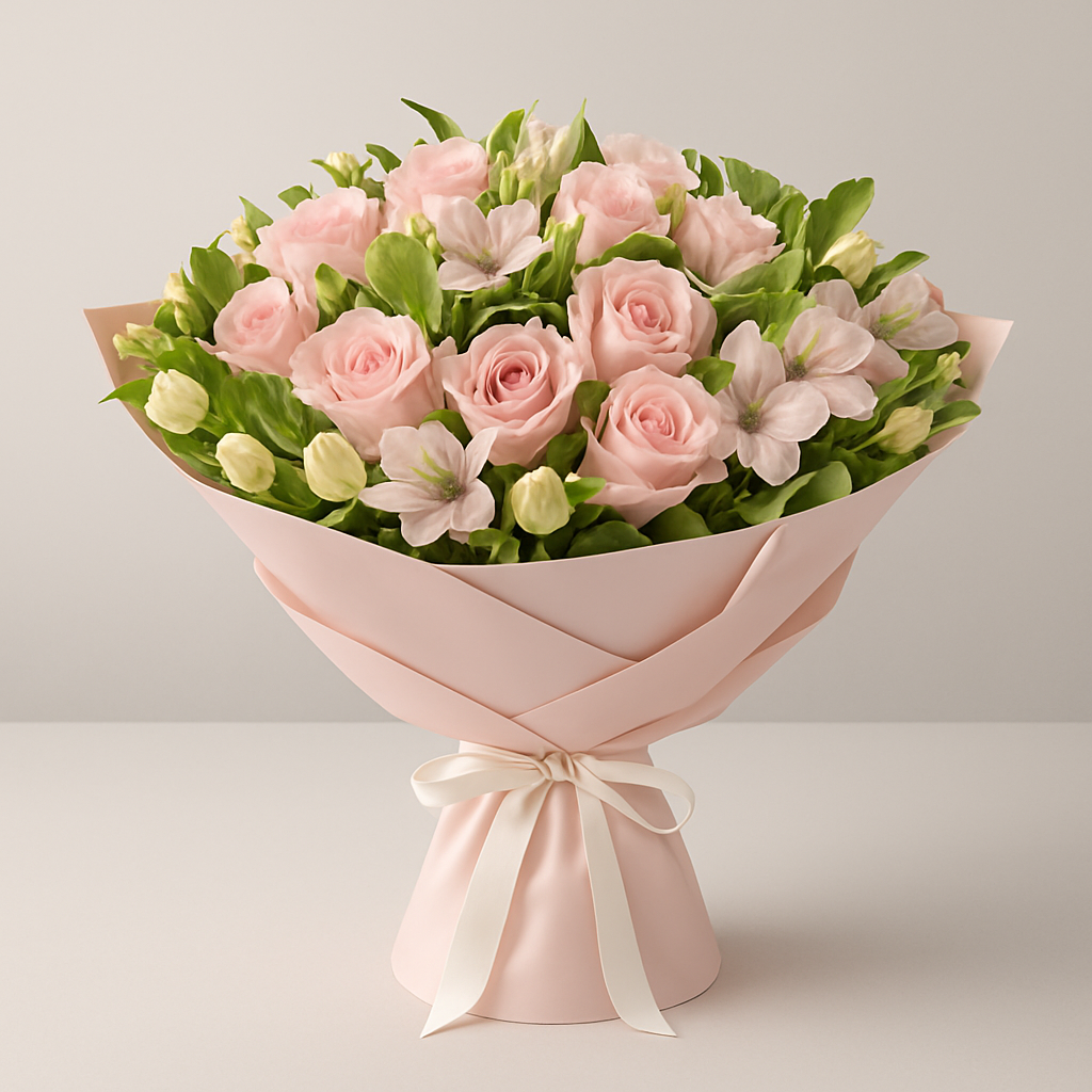 Timid Kiss – Birthday Roses And Alstroemeria Bouquet #Size_Classic