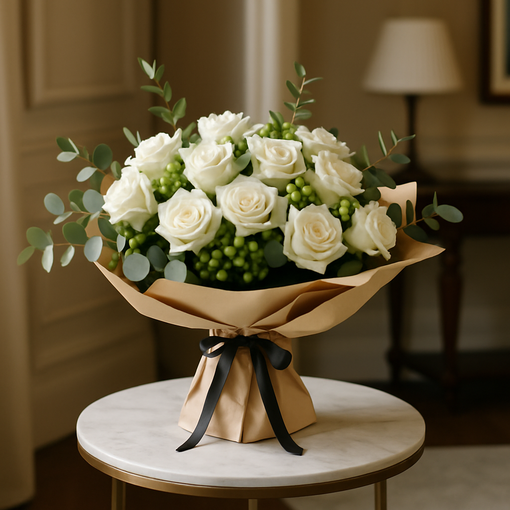 Unforgettable – Birthday Roses And Eucalyptus Hand-Tied Bouquet