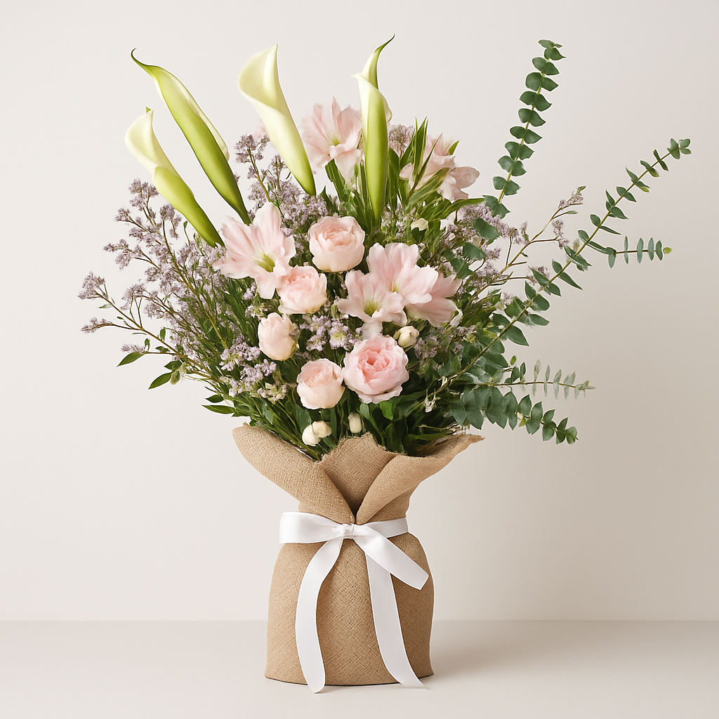 White and Pastel Flowers Burlap Wrapped Bouquet #Size_Classic