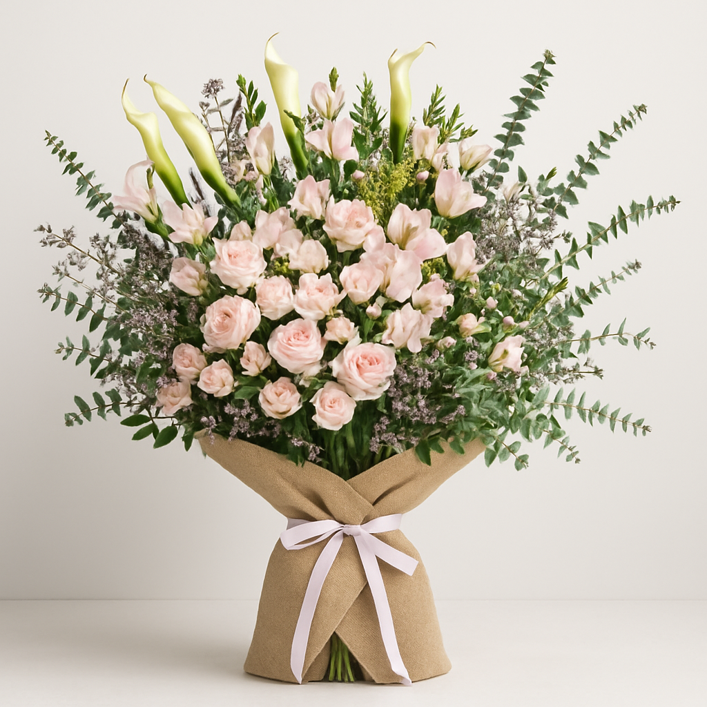 White and Pastel Flowers Burlap Wrapped Bouquet #Size_Deluxe