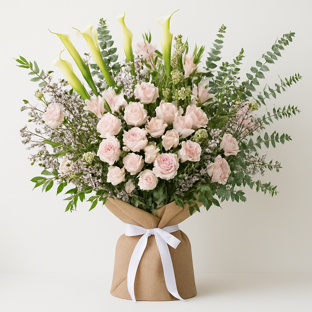 White and Pastel Flowers Burlap Wrapped Bouquet #Size_Grand