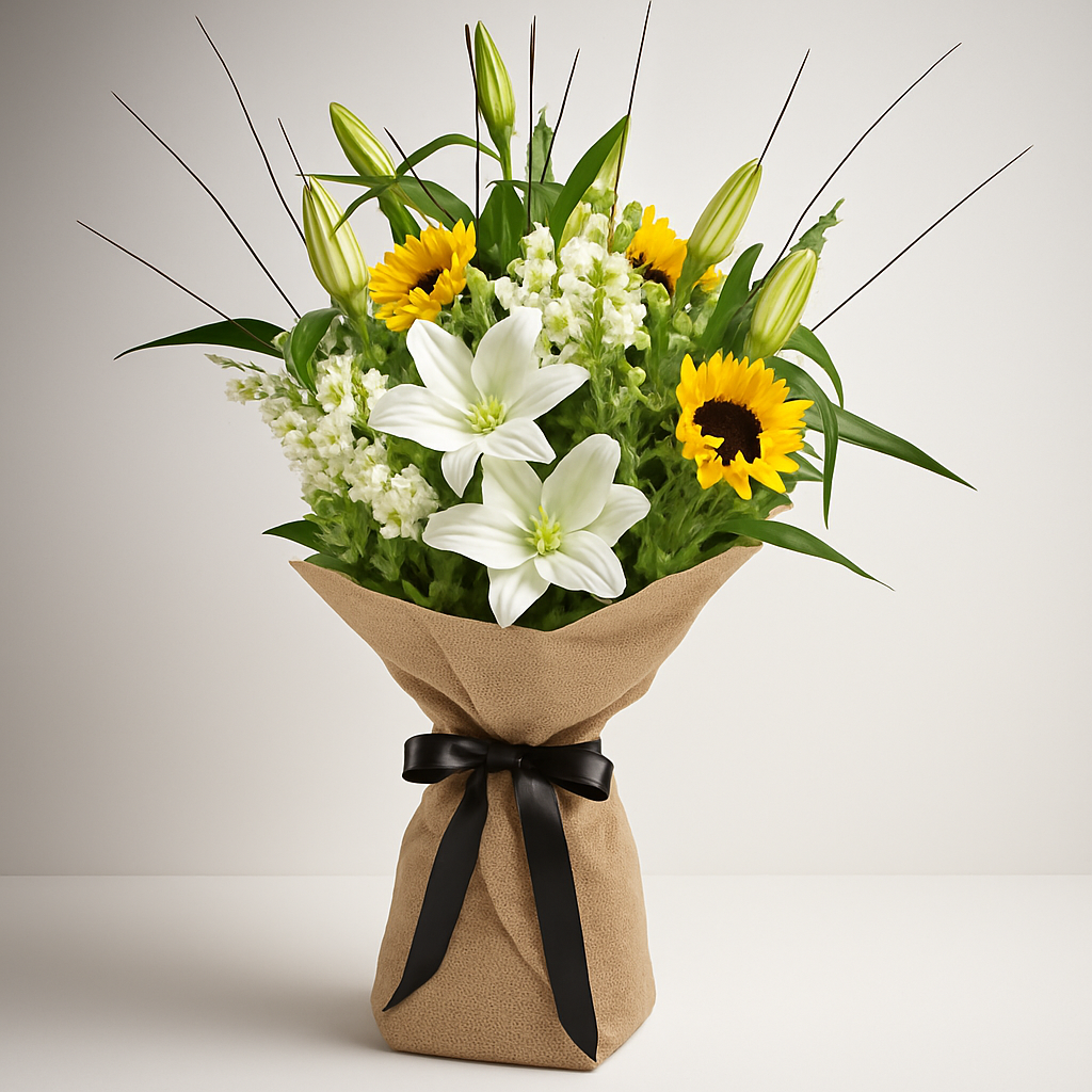 White and Yellow Burlap Wrapped Bouquet #Size_Classic