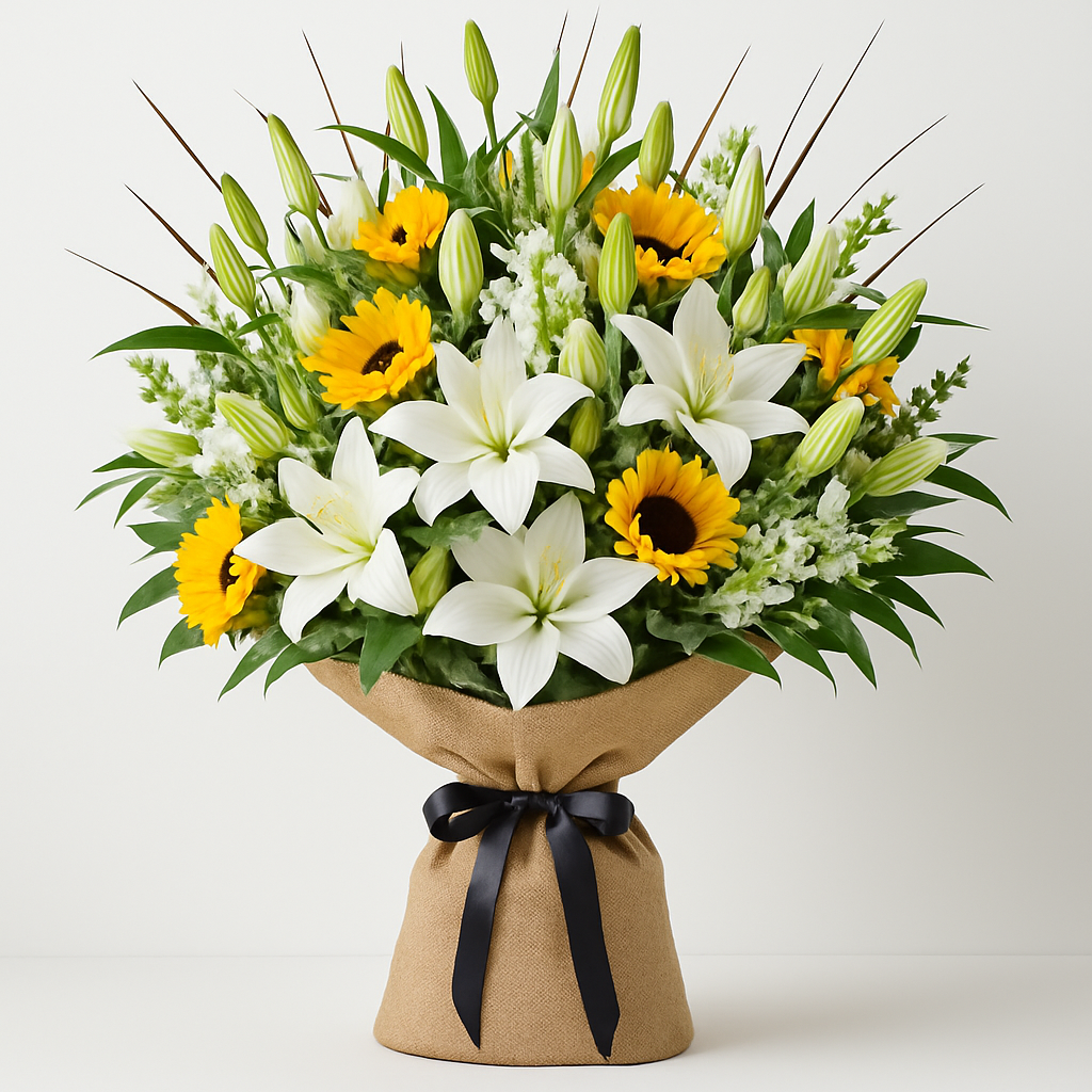 White and Yellow Burlap Wrapped Bouquet #Size_Grand