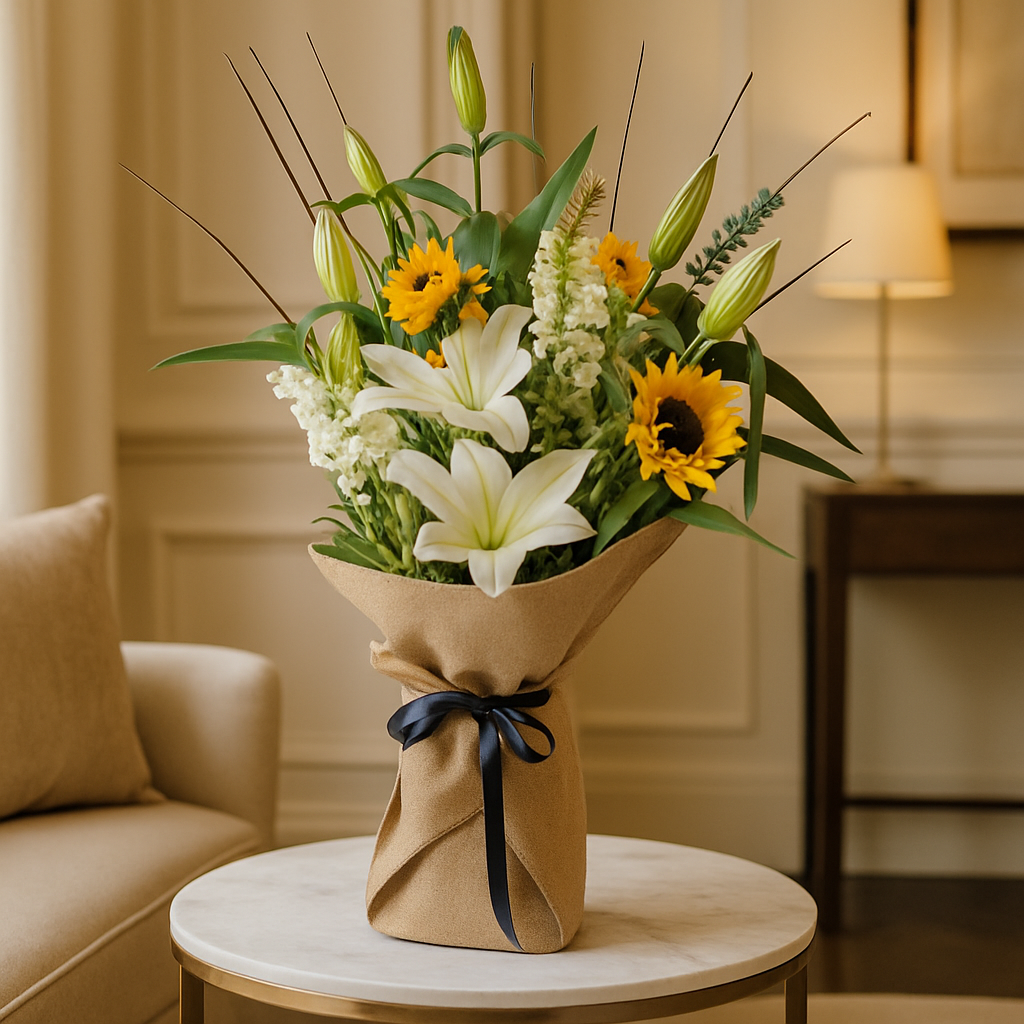 White and Yellow Burlap Wrapped Bouquet