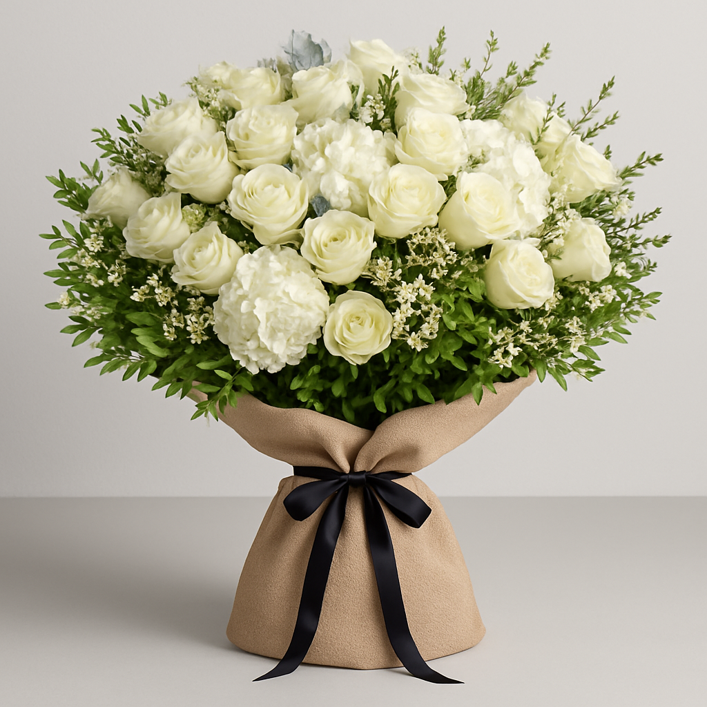 White Roses Burlap Wrapped Bouquet – Romantic Roses #Size_Grand