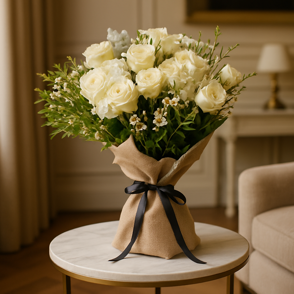 White Roses Burlap Wrapped Bouquet – Romantic Roses