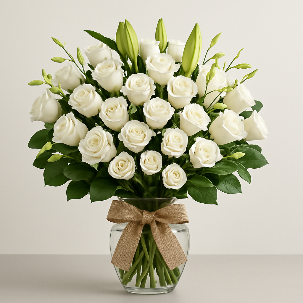 White N Green – Romantic Spray Roses And Roses Vase Arrangement #Size_Grand