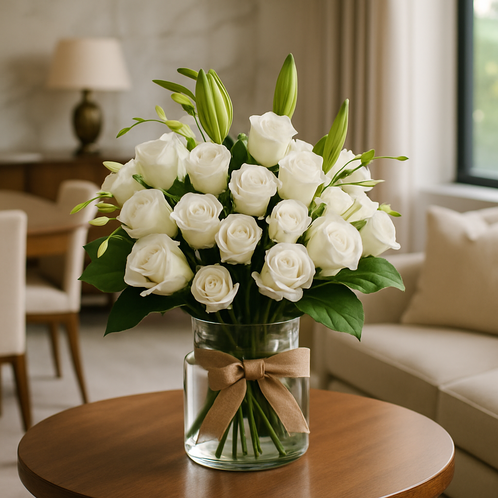 White N Green – Romantic Spray Roses And Roses Vase Arrangement