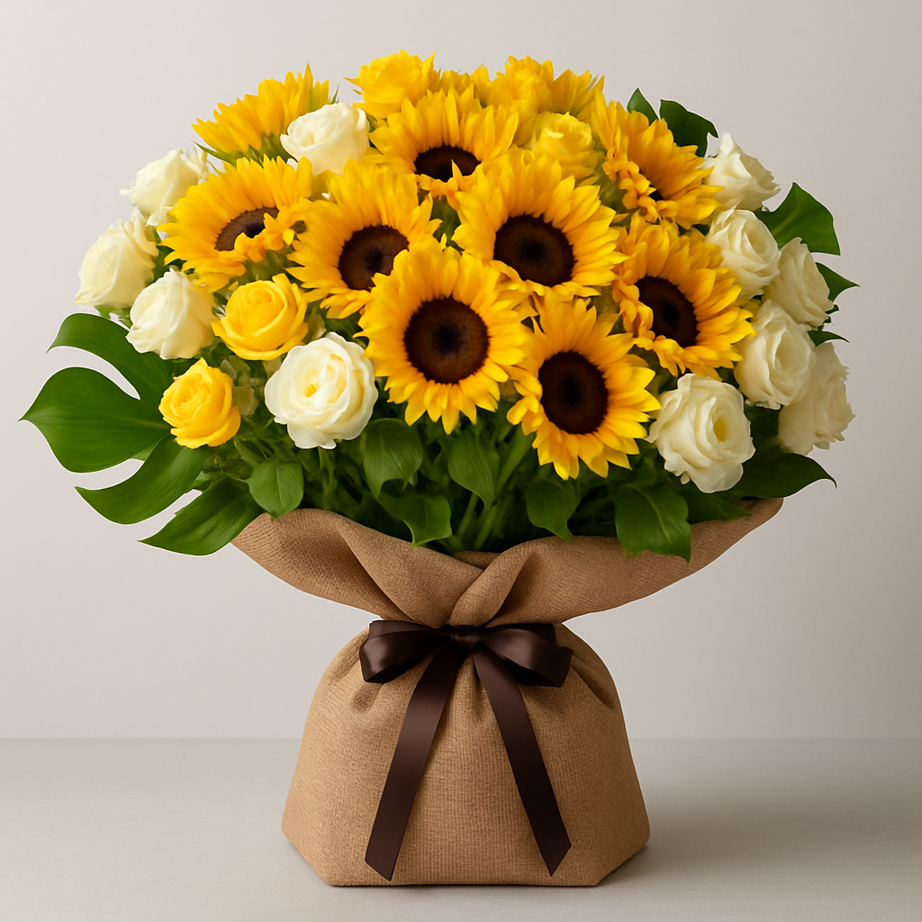 Yellow and White Burlap Wrapped Bouquet #Size_Deluxe
