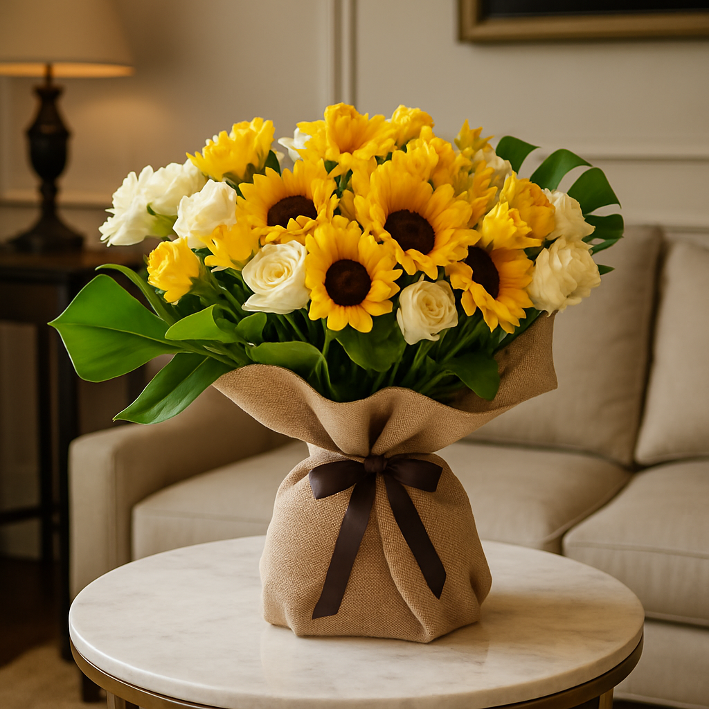 Yellow and White Burlap Wrapped Bouquet