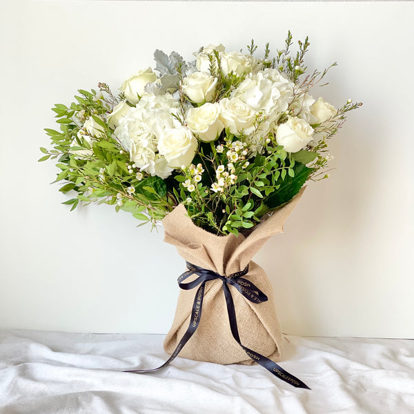 White Roses Burlap Wrapped Bouquet