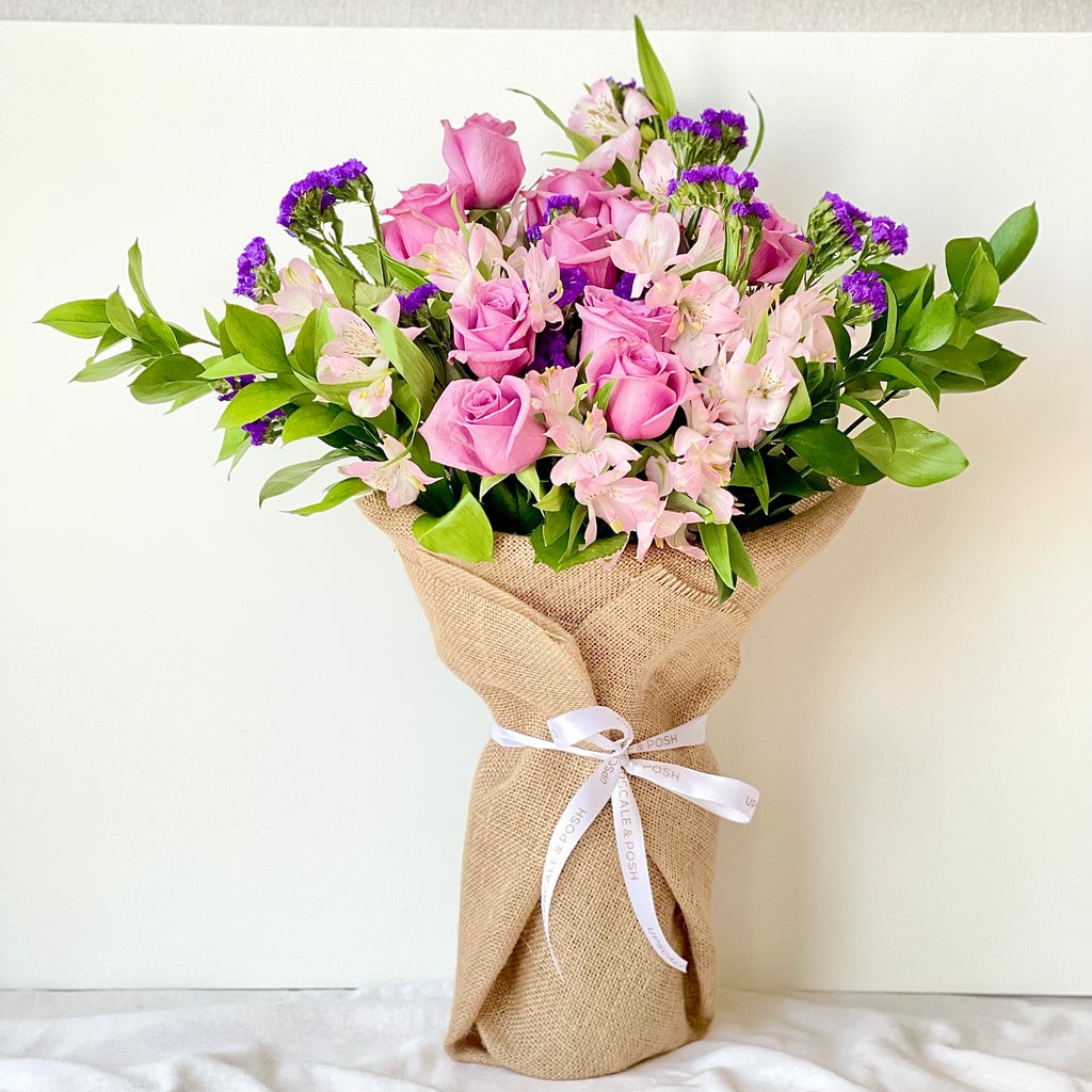 Pink and Purple Burlap Wrapped Bouquet