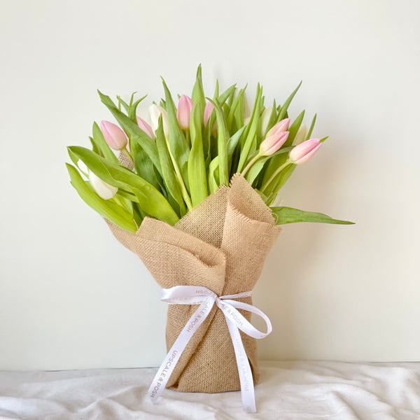 20 Pastel Tulips Burlap Wrapped Bouquet