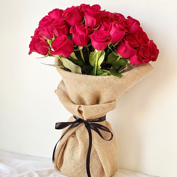 40 Red Ecuador Roses Burlap Wrapped Bouquet