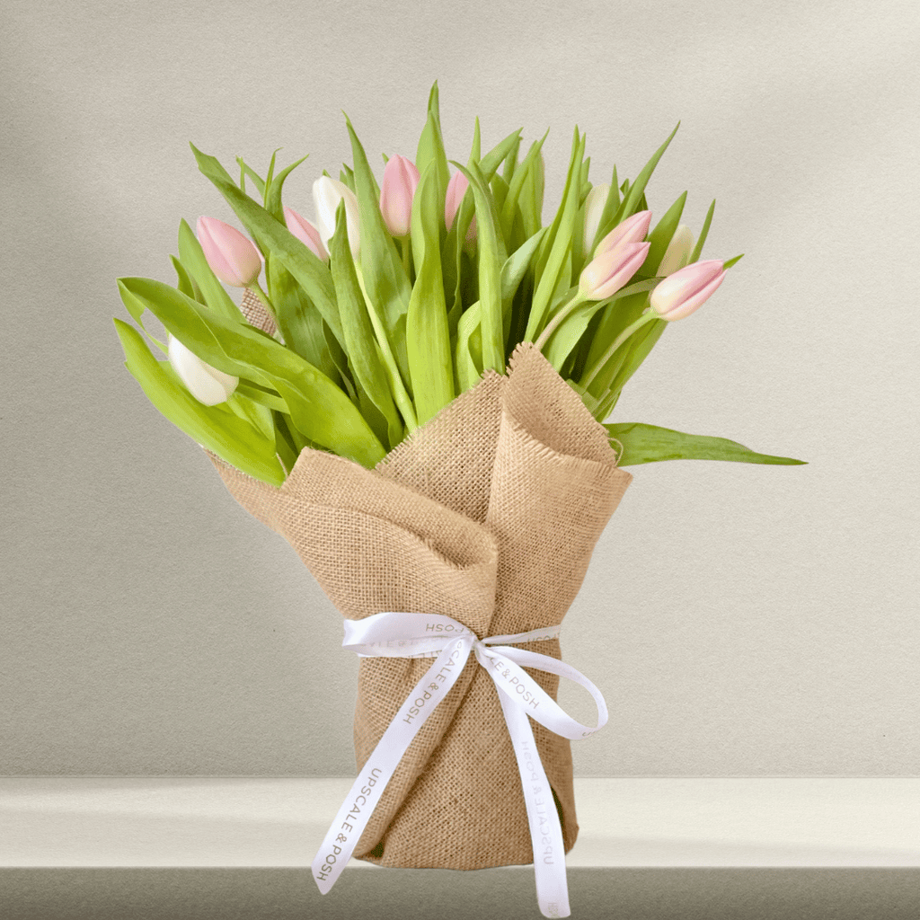 20 Pastel Tulips Burlap Wrapped Bouquet