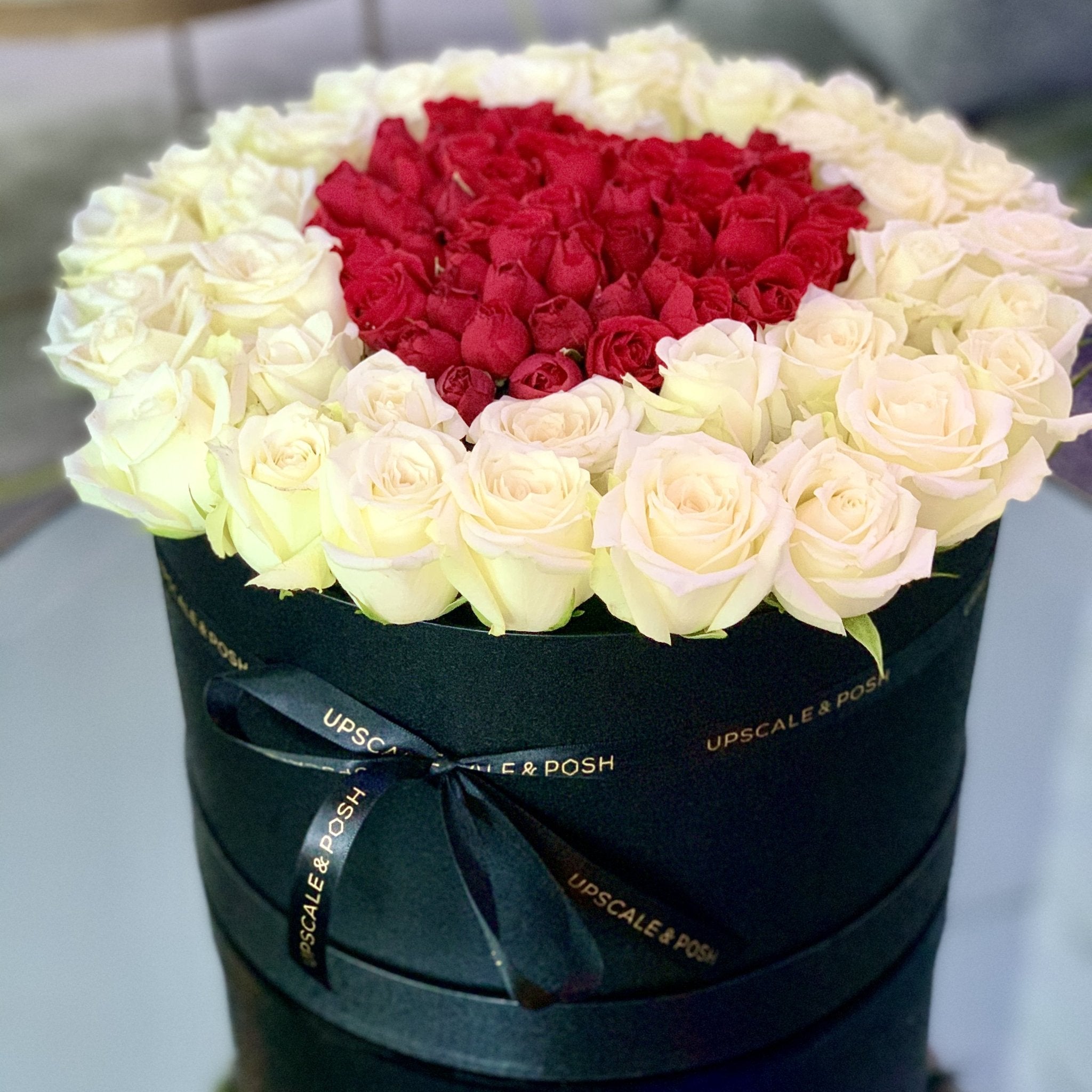 Heart in heart arrangement in a luxury round box - Upscale and Posh - Same Day Flower Delivery Dubai