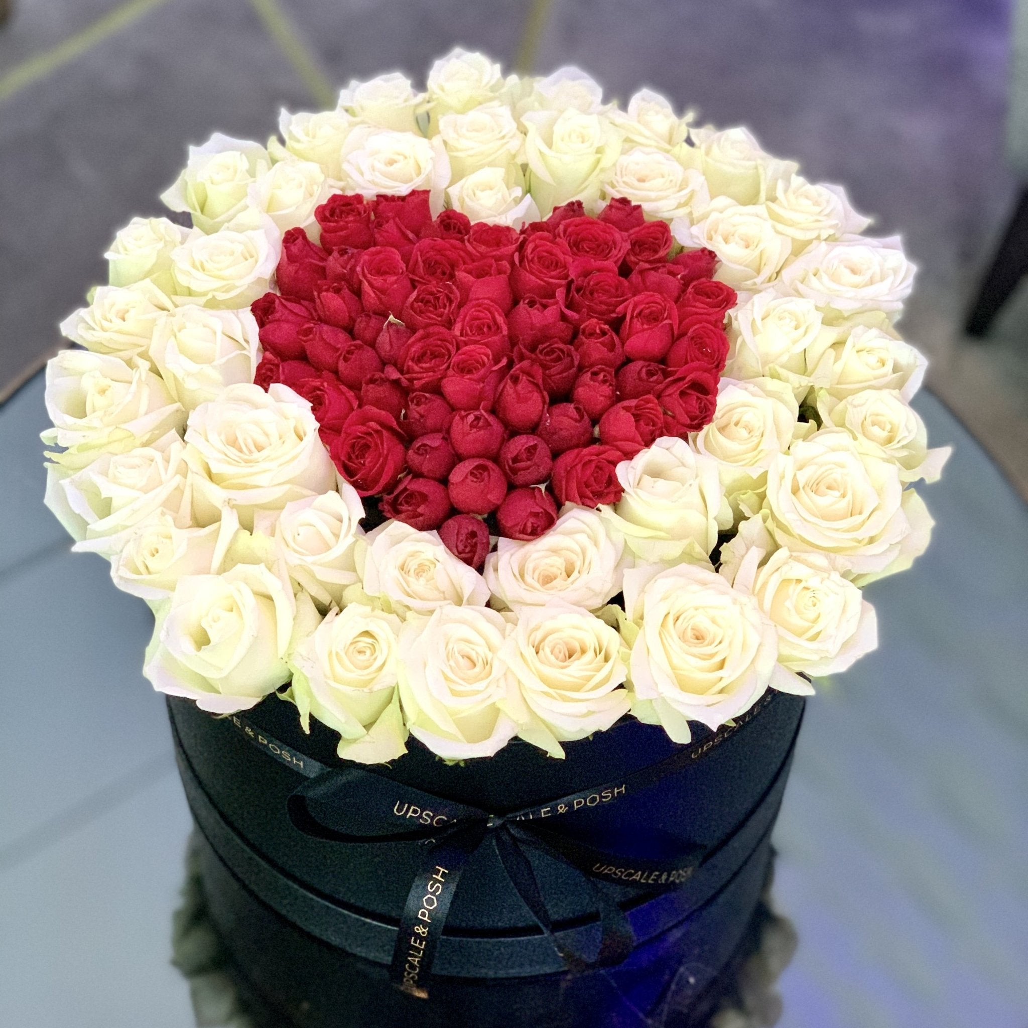 Heart in heart arrangement in a luxury round box - Upscale and Posh - Same Day Flower Delivery Dubai #Size_Deluxe