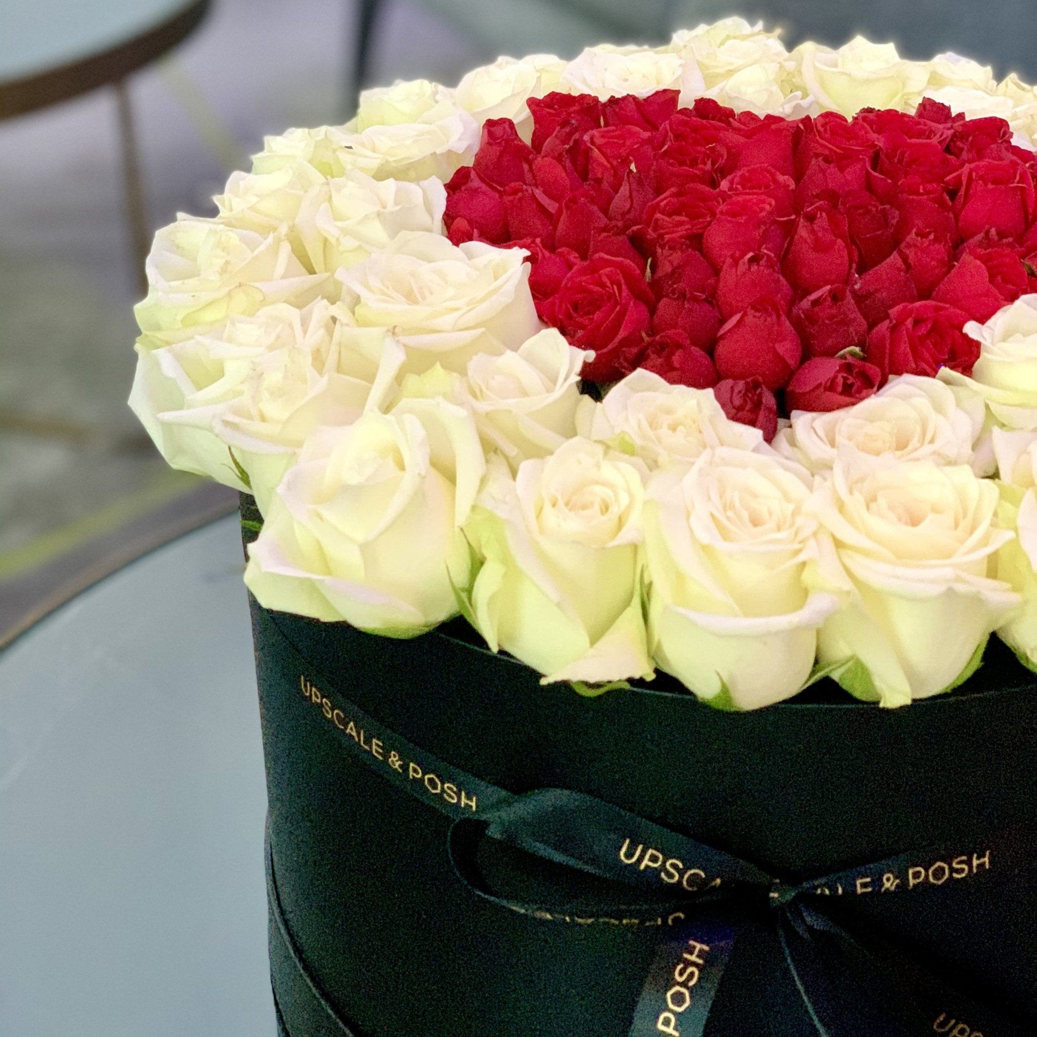 Heart in heart arrangement in a luxury round box - Upscale and Posh - Same Day Flower Delivery Dubai