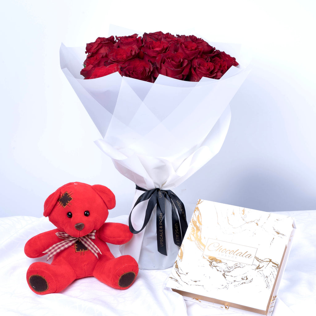 20 Luxury Roses Teddy and Chocolates Combo