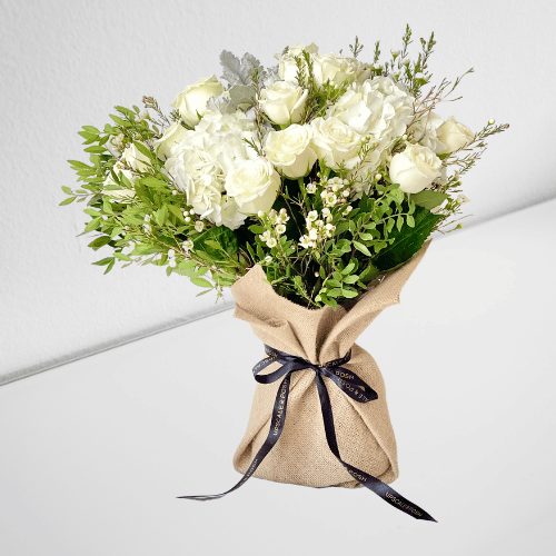 White Roses Burlap Wrapped Bouquet